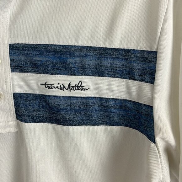Travis Mathew White Polo Golf Shirt with Blue Front Stripe - Picture 4 of 9